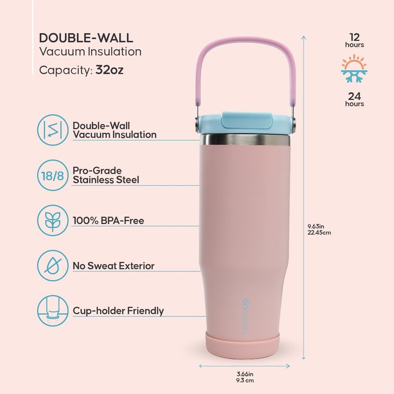 Hydroup Sport Tumbler 32oz Stainless Steel Water Bottle, Vacuum Insulated with 2-in-1 Lid (Straw & Spout), Leak-Proof Reusable Travel Mug for Hot and Cold Drinks