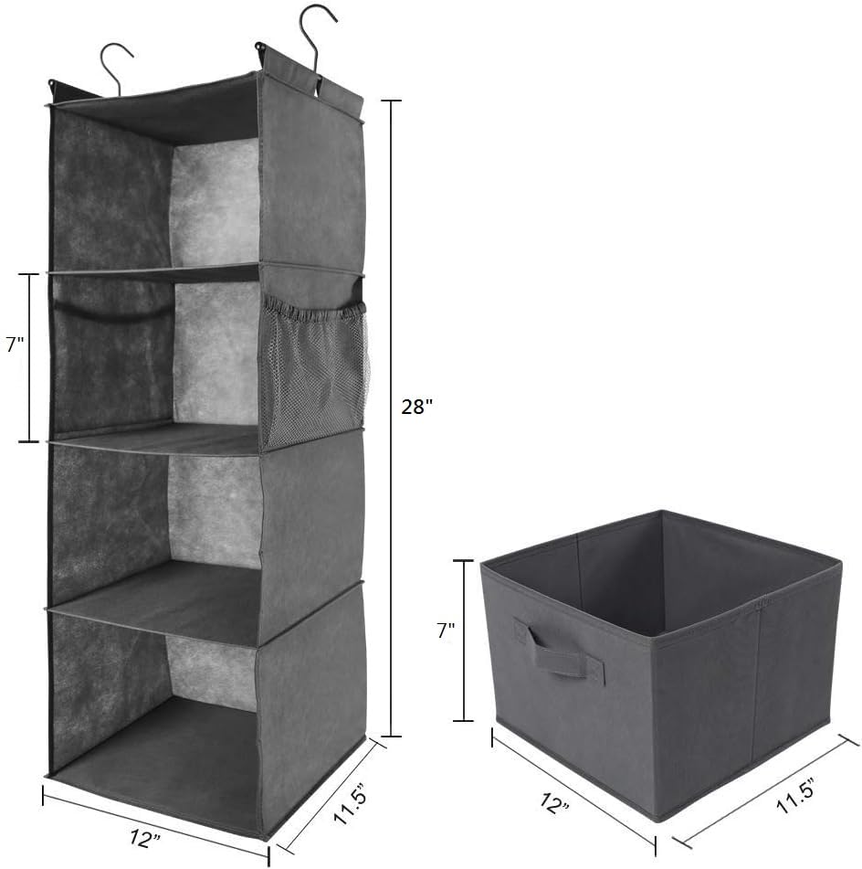 MAX Houser 4-Shelf Hanging Closet Organizer, Space Saver, Cloth Hanging Shelves with 2 Side Pockets, Foldable (Grey) - color: Grey-2