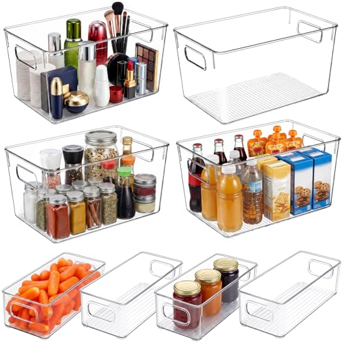 YKIOKE 8 Pack Clear Plastic Storage Bins with Handles,4 Large and 4 Small Stackable Organizer Containers for Kitchen, Countertops, Cabinets, Fridge, Drinks, Fruits, Vegetable, Cereals - size: 8-Pack