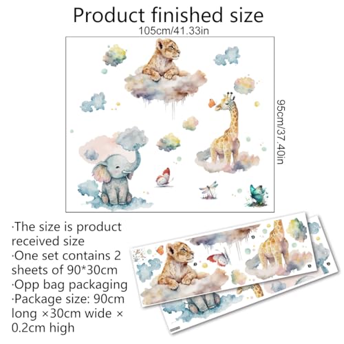 Runtoo Safari Animals Wall Decals Watercolor Giraffe Lion Elephant Wall Stickers Kids Bedroom Baby Nursery Wall Decor