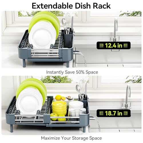 Urackify Stainless Steel Dish Drying Rack - Dish Drainer for Kitchen Counter, Extendable Drainboard with Foldable, Space-Saving Cup & Bowl Organizer, Includes Knife and Utensil Holder, Matte-Green - color: Dark Slate Teal