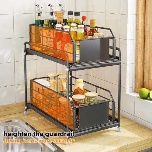Under Sink Kitchen Storage Organizer, 2 Tier Sliding Cabinet Basket with Pull-Out Drawer, foldable Metal Under Sink Organizers for Bathroom, Pantry, Countertop, Rustproof Multi-Purpose Storage Bins