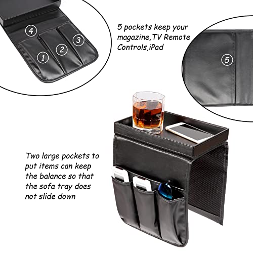 Couch Caddy, Armchair caddy with Detachable Tray, Non-Slip PU Leather Remote Control Holder for Recliner with 5 Pockets (Black) - color: Black