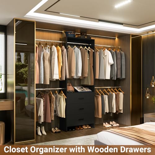 Aheaplus Closet System With 3 Wooden Drawers, Walk-in Wardrobe Organizer, Clothes Rack With 4 Hanging Rods, Garment Rack, -4R, Black - color: Black, size: Without Light