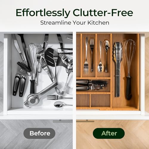 keechee Carbonized Large Bamboo Kitchen Drawer Organizer, 12 Slots Expandable Silverware Organizer, Utensil Holder & Cutlery Tray, 2.5" Deep for Extra Capacity, Non-Slip Feet Included - size: 12 Slots（Large & Expandable）