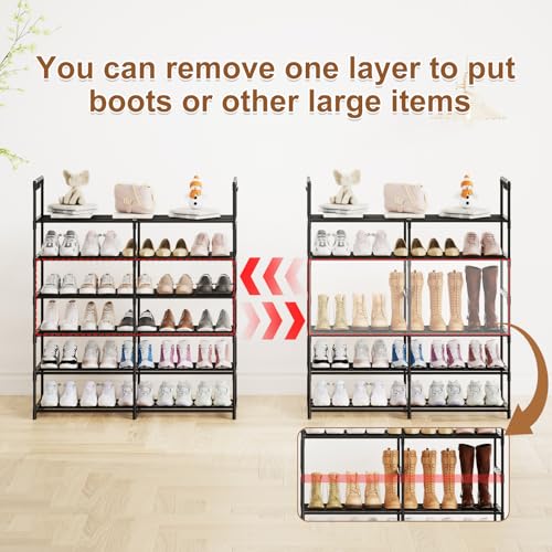 2-Row 6-Tier Stackable Shoe Rack, Black Metal Shoe Shelf with Multifunctional Hooks, Hold 24-30 Pairs, Space Saving Shoes Organizer for Closet,Show Rack - size: 2 Row 6 Tier