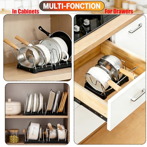 Adjustable Pot Lid Holder with Drip Tray, 2 in 1 Pot Lid Organizer & Spoon Rest, Stainless Steel Lid Holder for Countertop & Cabinet While Cooking, Space Saving Kitchen Pot Cover Rack, Easy Clean
