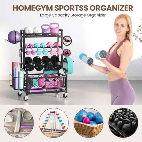 Yaheetech Dumbbell Rack Yoga Mat Storage Rack Home Gym Workout Equipment Rack Stand w/Hooks & Wheels for Dumbbells, Kettlebells, Yoga Ball, Max Load 400lb