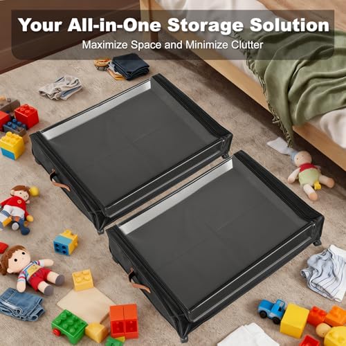 Larger Under Bed Storage with Wheels, 2-Pack XXL Underbed Shoe Storage with Clear Lid, Easy Pull-out Rolling Under Bed Storage Containers, Underbed Storage Bins for Clothes, Shoes, Black