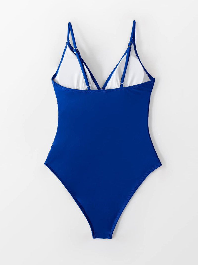 CUPSHE Women's One Piece Swimsuit Shirring Design V Neck Low Back Bathing Suit, Deep Blue, XL