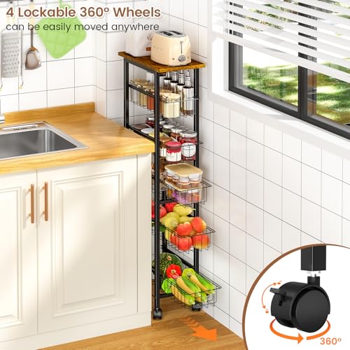 6 Tier Slim Storage Cart with Pull Out Basket, Wooden Top Rolling Kitchen Cart with Lockable Wheels, Metal Wire Fruit Vegetable Storage Basket Narrow Utility Organizer for Kitchen, Bathroom, Laundry