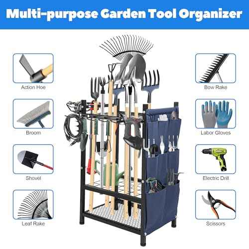 Garden Tool Rack Freestanding, Heavy Duty Garden Tool Organizer, 3-tier Tool Rack, Multifunctional Yard Tool Storage with Hooks and Storage pockets for Outdoor Long-Handled Broom Shovel Rake
