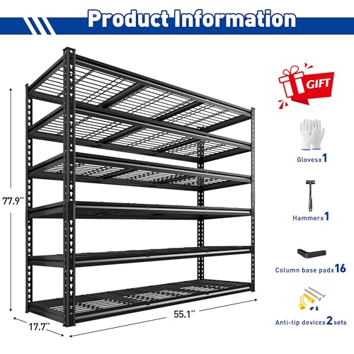REIBII 78"H x 55"W Garage Shelving, 3300LBS Heavy Duty Shelving, Rivet 6-Tier Adjustable Metal Garage Storage Rack, Industrial Shelving with Reinforced Mesh, for Warehouse Basement Commercial, Black - size: 55.1"Wx17.7"D x 77.9"H