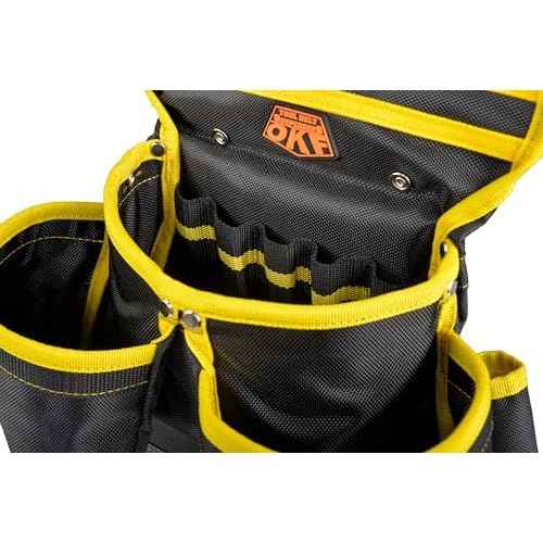 OKF 6-Piece Tool Belt with Suspenders,Magnetic Phone Holder and Hand Drill Tool Pouch Tool Rig for Framers Electrician 1680D Polyester Fabric,20 pockets,Black & Yellow,36-49In,5.5lb