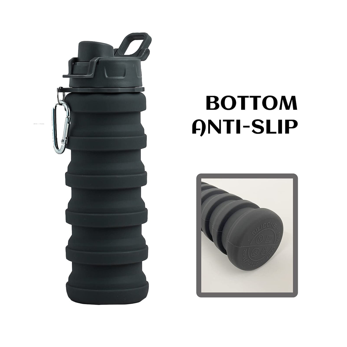 Collapsible Silicone Foldable Water Cup - 16oz BPA Free Reusable Water Bottle - Hiking Travel Sports Kids - Gray