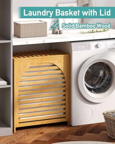 Laundry Hamper with Lid, 27.3 Gallon (103L) Bamboo Wood Clothes Laundry Basket with Lid and Handles, Removable Liner - color: Natural, size: Extra Large