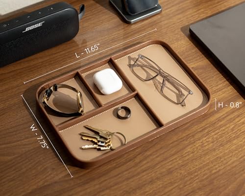 MUUJEE Leather Catchall Multitray (Design 1) - 11.65 x 7.75 x 0.8, Everyday Watch and Wallet Caddy Organizer with 4 Compartments, Accessory Glasses Phone Valet Dump Tray for Bedside Nightstand, Tan - color: Tan