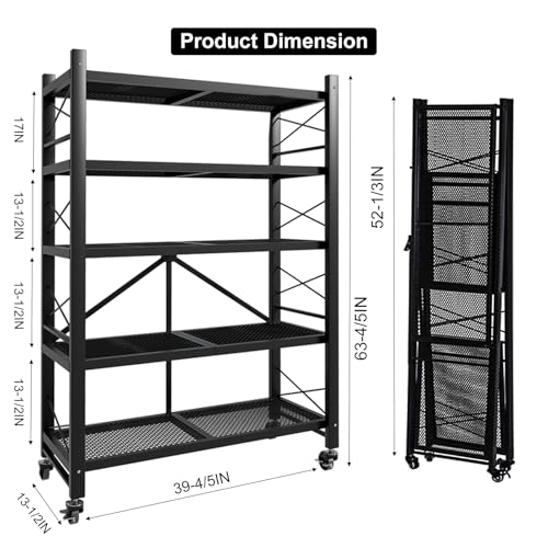 Grezone Foldable Shelves 5 Tier Heavy Duty Metal Storage Shelves with Wheels - No Assembly Collapsible Shelving Unit for Kitchen Garage Hold up to 1250 lbs - size: 39‘’W x 13.9''D x 62.9''H