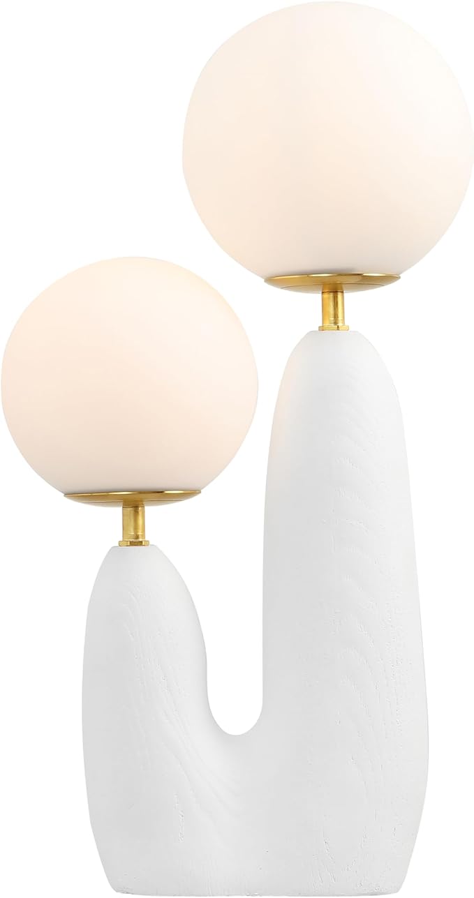 JONATHAN Y 17.75" White/Brass Gold Modern Bohemian Danish Cactus LED Table Lamp, 2-Light Mid-Century Minimalist Desk Light for Bedroom Living Room, Frosted Glass Globe Shades (JYL4065B)