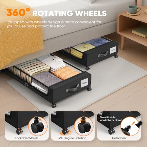 Camkey® Under Bed Storage with 360° Wheels, 2-Pack, 60L Low-Profile Rolling Underbed Bins for Clothes, Shoes, Toys & Books,Easy Pull-Out, Dust Protection, Space-Saving Organizer for Bedroom/Dorm,Black
