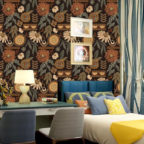 Boho Peel and Stick Wallpaper 17.3¡±¡¿120¡± Vintage Sun Floral Retro Removable Self Adhesive Wallpaper Flowers Bathroom Bedroom Kitchen Renter Friendly Wall Paper Botanical Mural Dark Countertop Paper