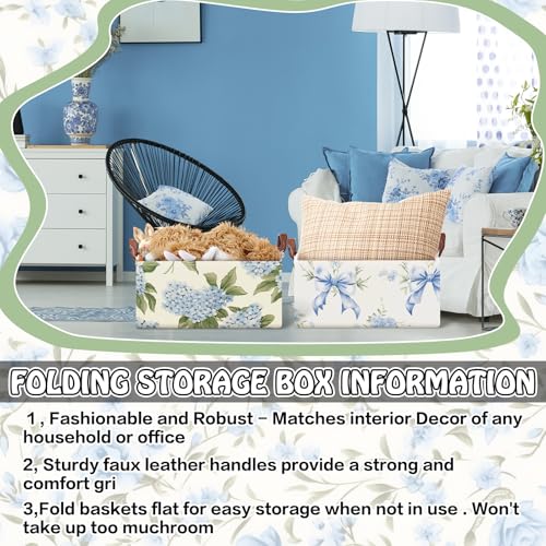 Boao 3 Pcs Blue Hydrangea Bow Storage Bin Flowers Collapsible Large Storage Baskets for Gifts Canvas Laundry Basket Foldable Box with Handle for Office Home Bedroom Clothes - style: Blue Hydrangea