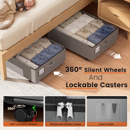 XXXL 100L Under Bed Storage with Wheels, Rolling Storage Containers with Support & Clear Lid, Heavy-Duty Metal Frame, Easy Pull-out, Underbed Storage Bins for Clothes, Shoes, Blankets, and Toys 2 pack - size: 100L-2pack
