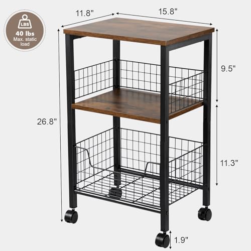 Hadulcet Small End Table, 3-Tier Side Table with Storage Basket, Industrial Style Side End Table for Living Room Bedroom Kitchen Bathroom, Rustic Brown