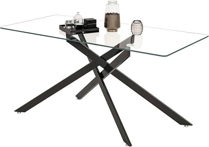 60" Rectangular Glass Dining Table Modern Kitchen Glass Top Table for 6 with Black Metal Legs, Clear Dining Table Kitchen Table for Home Office Dining Room