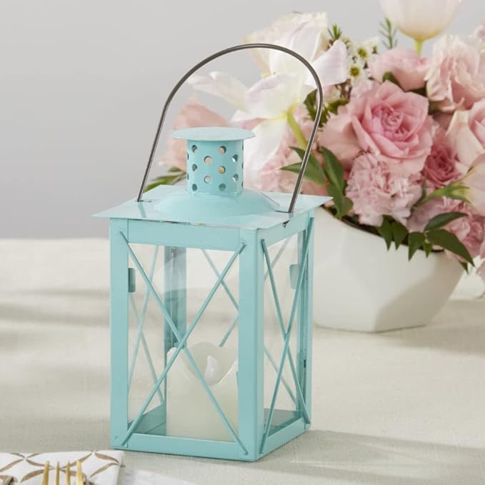 Kate Aspen Medium Decorative Lanterns - Set of 24 - Luminous Blue Metal Lantern Tealight Candle Holders Centerpieces for Wedding, Home Decor and Party - 6.3" H (8.9" H with Handle)
