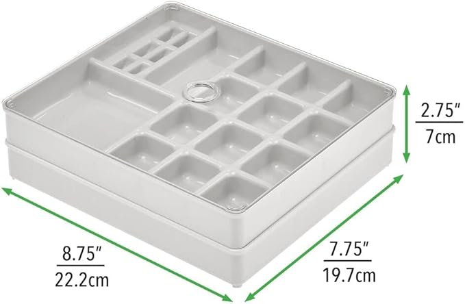mDesign Stackable Plastic Storage Jewelry Box - 2 Organizer Trays with Lid for Drawer, Dresser, Vanity - Holds Necklaces, Bracelets, Bangles, Rings, Earrings - 3 Pieces - Light Gray/Clear