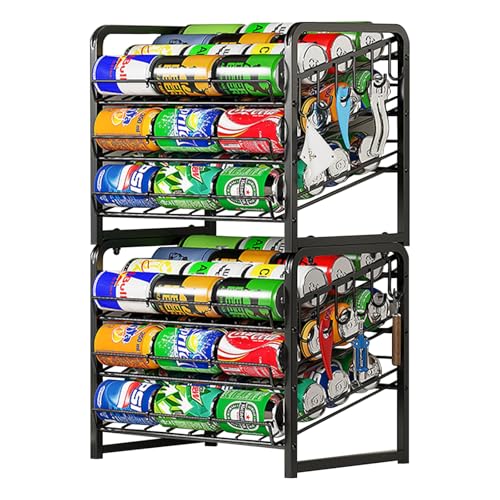 6-Tier Stackable Soda Can Rack Organizer for Pantry, Adjustable Can Dispenser Holds Up to 60 Cans, with 12 Hooks, Can Storage Holder for Various Ounces of Canned Food Soda Drinks, Black, 2 Pack