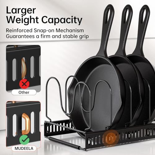 MUDEELA 2 Pack Pots and Pans Organizer Rack for under Cabinet, Expandable Pot Lid Kitchen Cabinet Organizer Holder with 10 Adjustable Compartment Cutting Board Organizer for Pan Lid, Bakeware Sheet - style: 2 Pack 10 Dividers-Black