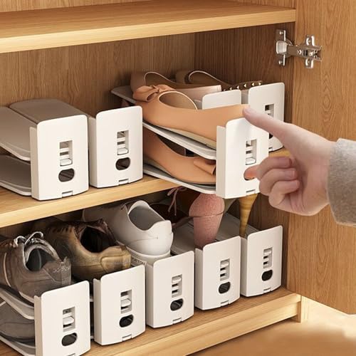 Shoe Slots Organizer, Adjustable Shoe Stacker Space Saver, 3Levels Adjustable - color: White