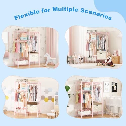 Ulif F1 Clothes Rack for Kids, Baby, Students, and Children's Room, 4 Tiers Portable Metal Closet Clothing Rack, Small Garment Rack with 2 Hanging Rod, 31.2" W x 11.8" D x 48" H, Pink - color: Pink