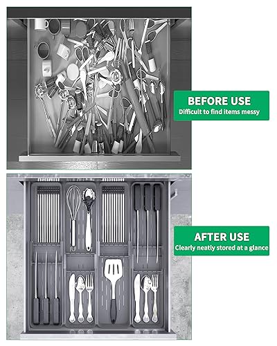 Kitchen Drawer Silverware Organizer, Adjustable Cutlery Organizer, Expandable Utensils Holder, Silverware Dividers Tray, Storage for Flatware, Large Drain Board (Gray,2 Sets)