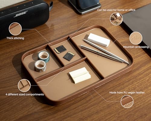 MUUJEE Leather Catchall Multitray (Design 1) - 11.65 x 7.75 x 0.8, Everyday Watch and Wallet Caddy Organizer with 4 Compartments, Accessory Glasses Phone Valet Dump Tray for Bedside Nightstand, Tan - color: Tan