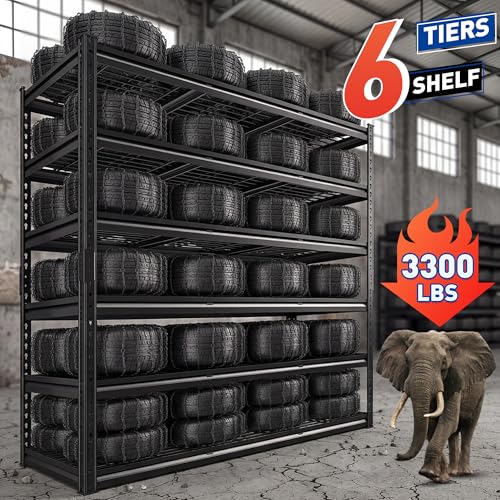REIBII 78"H x 55"W Garage Shelving, 3300LBS Heavy Duty Shelving, Rivet 6-Tier Adjustable Metal Garage Storage Rack, Industrial Shelving with Reinforced Mesh, for Warehouse Basement Commercial, Black - size: 55.1"Wx17.7"D x 77.9"H