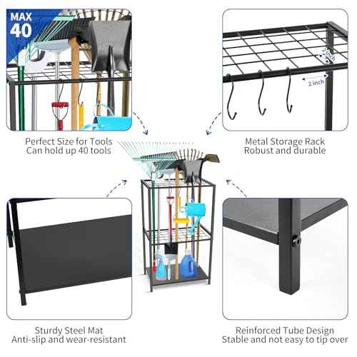 Garden Tool Organizer - Yard Tool Storage and Organizers, Utility Rack with 3 Hooks, Garden Yard Tool Stand Tower Racks, Tool Holder for Broom, Shovel, Rake, Mop, Garage Organization, Black