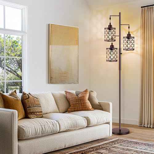 68" Dimmable Floor Lamp, Farmhouse Standing Lamp with Elegant Metal Cage, Industrial Tall Tree Floor Lamps for Living Room, Bedroom, Study Room, Office (2000LM LED Bulbs Included) - Brown