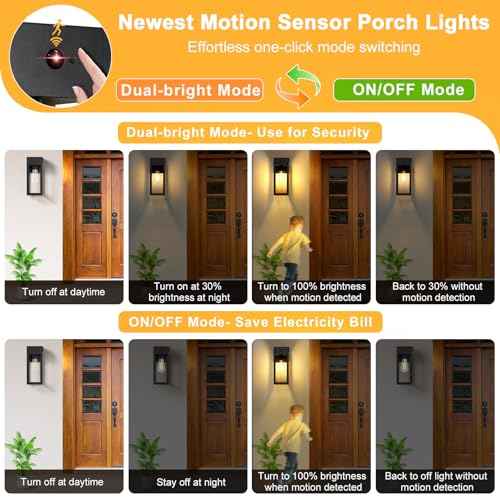 Porch Lights with GFCI Outlet, Dusk to Dawn Motion Sensor Outdoor Lights, 2 Lighting Modes Waterproof Anti-Rust Wall Sconce Lantern, Outside Light for House, Black