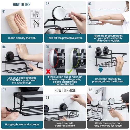 TAILI Shower Caddy Suction Cup 2 Pack, Heavy Duty Bathroom Basket, Bath Shelves for Inside, Stainless Steel Shower Holder for Bathroom Storage & Home Decor,Black - style: 2 × Black Basket