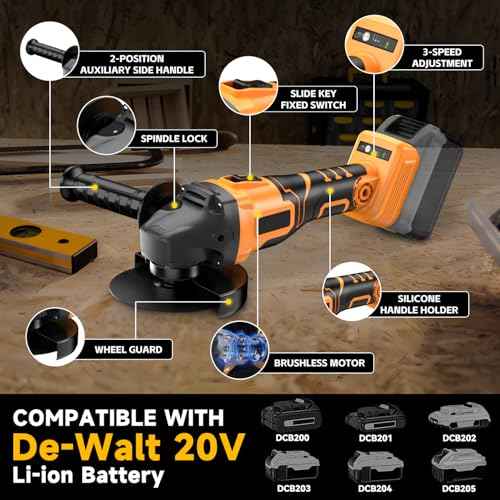 Cordless Angle Grinder for Dewalt 20V Battery, 3 Speed Adjustable Brushless Grinder with Up to 8500 RPM, 5/8''-11 Spindle Portable Grinder for 4-1/2'' Wheels for Cutting, Grinding(NO Battery)