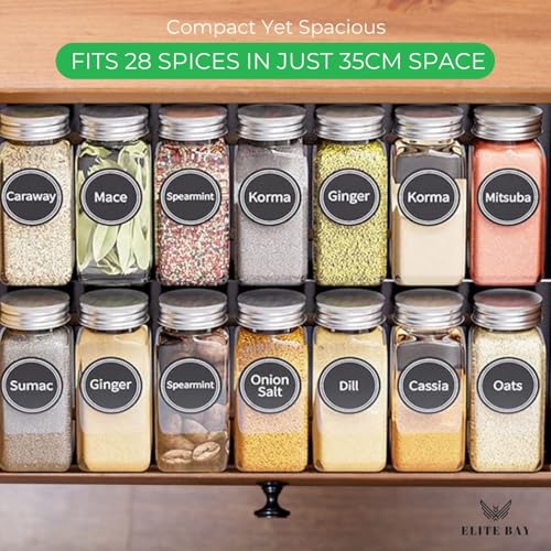 Spice Jar Rack with KEEP – 4-Tier Organizer with 28 Empty Bottles, 180 Waterproof Labels (55 Blanks), Funnel &Screws | Space-Saving Spice Storage Set for Kitchen Counter or Cabinet