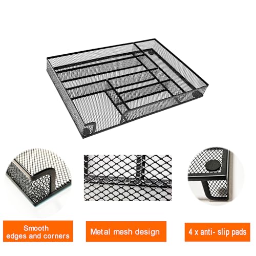 2-Pack Metal Mesh Desk Drawer Organizer Tray Set, 6-Compartment Office Drawer Organizer for Pens Supplies, 12.6"x8.27"x1.57" Black - color: 2pcs packed black