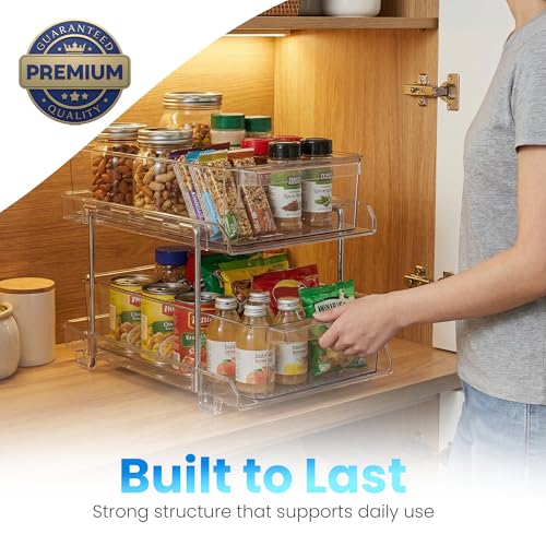 Masirs 2-Tier Clear Pull-Out Drawer Organizer - Sleek, Compact & Sturdy Makeup and Closet Organizer - Easy Assembly Kitchen Storage Solution, Ideal for Makeup, Tools, Medicines 4-Pack