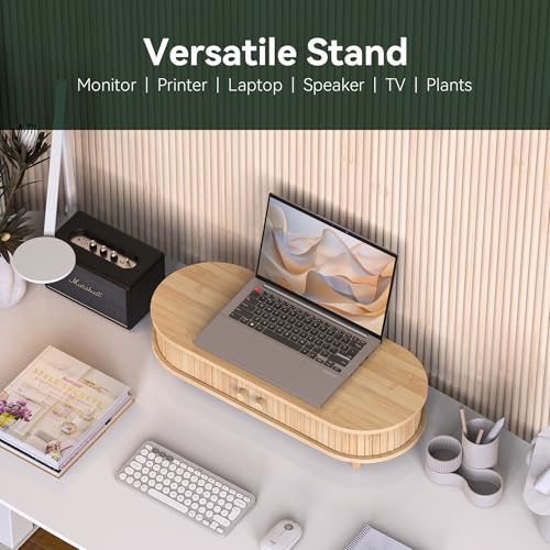 Bamboo Monitor Stand with Storage, Curved Computer Laptop Stand Desk Shelf Organizer with Sliding Doors (25 inch) - size: 25 inch