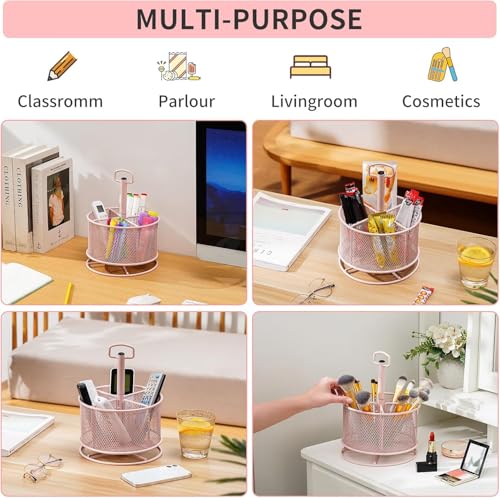 Marbrasse Mesh Desk Organizer, 360-Degree Rotating Multi-Functional Pen Holder, 4 Compartments Desktop Stationary Organizer, Home Office Art Supply Storage Box Caddy (Pink) - color: Pink