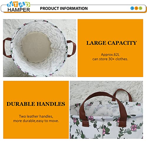 NTAOHAMPER Large Round Canvas Linen Laundry Hamper,Waterproof Storage Bin for Books/Clothes, Laundry Basket, Gift Basket(Eucalyptus leaves) - color: Eucalyptus leaves