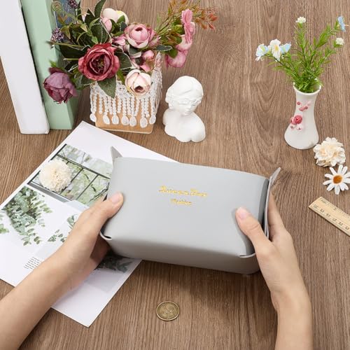 Foldable Storage Basket Bin PU Leather Desktop Organizer Box Gray Small Catchall Basket Rectangle Tray Double Handles for Entryway Bedside Dresser End Table Cosmetic Jewelry Key Wallet - color: Gray